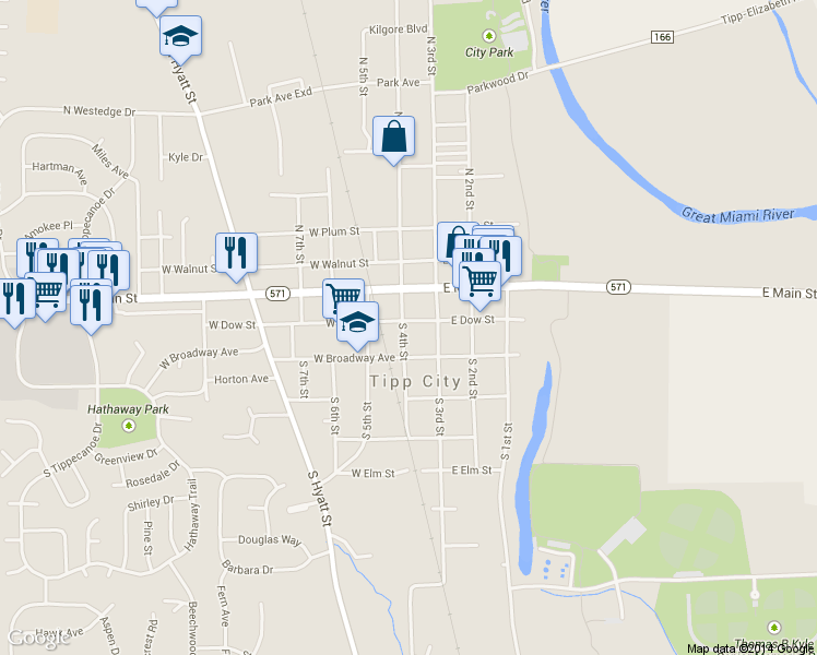 map of restaurants, bars, coffee shops, grocery stores, and more near 30 West Dow Street in Tipp City