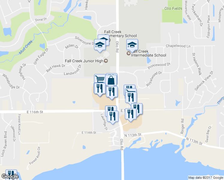 map of restaurants, bars, coffee shops, grocery stores, and more near 11760 Olio Road in Fishers