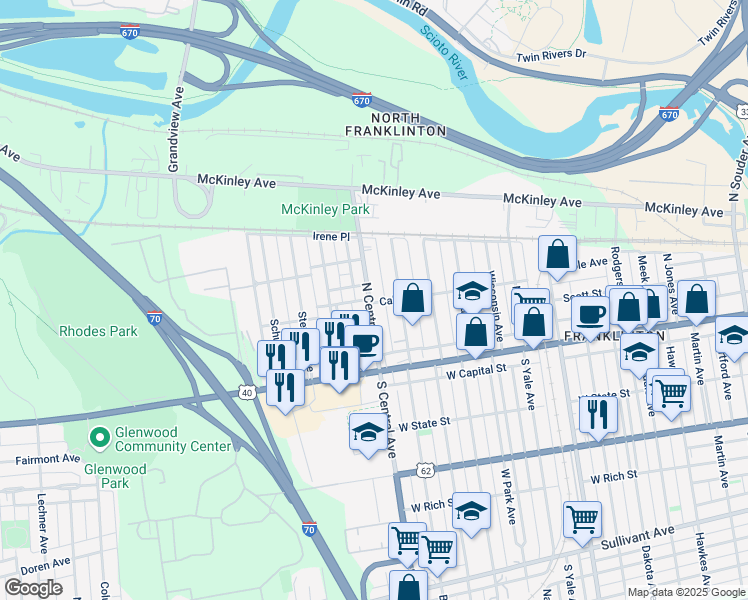 map of restaurants, bars, coffee shops, grocery stores, and more near 108 North Central Avenue in Columbus