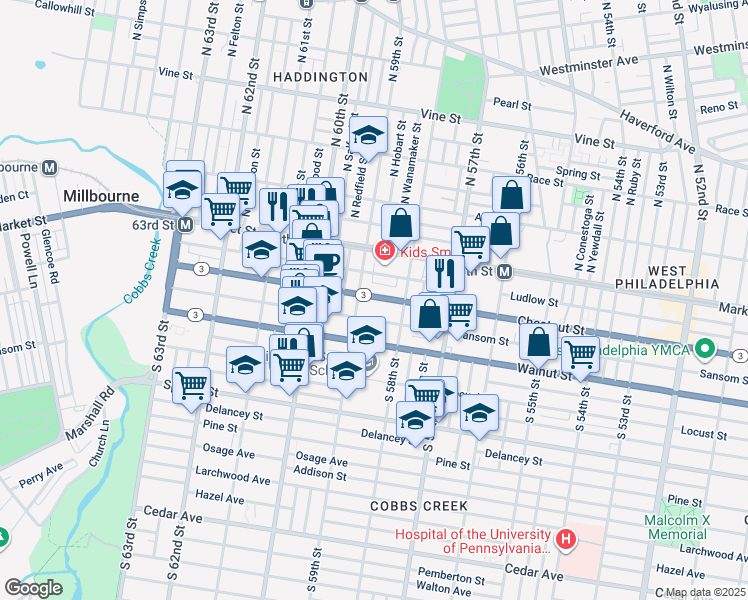 map of restaurants, bars, coffee shops, grocery stores, and more near 5840 Pennsylvania 3 in Philadelphia