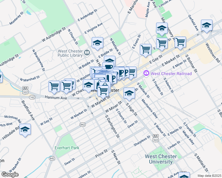 map of restaurants, bars, coffee shops, grocery stores, and more near in West Chester