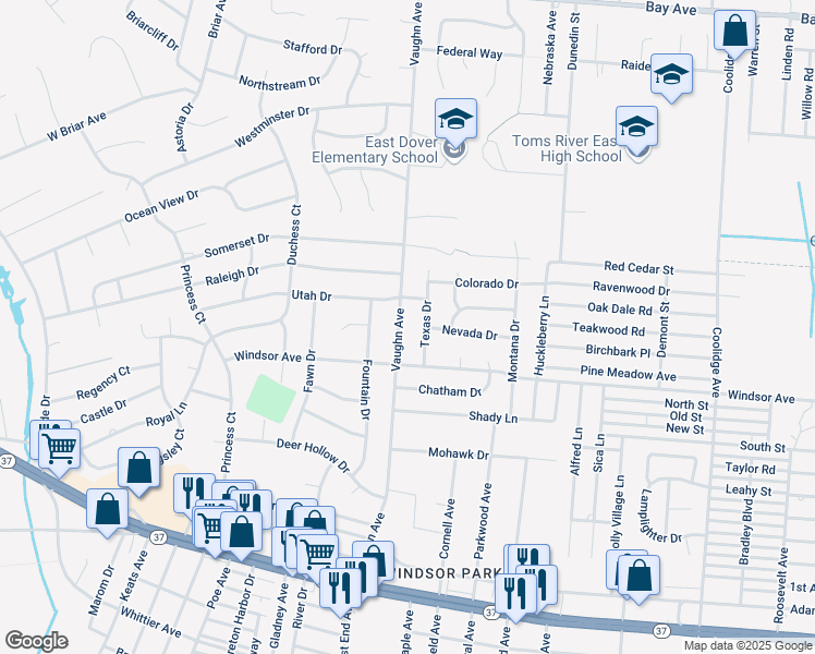 map of restaurants, bars, coffee shops, grocery stores, and more near 625 Vaughn Avenue in Toms River