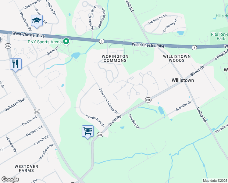 map of restaurants, bars, coffee shops, grocery stores, and more near 2601 Westfield Court in Newtown Square