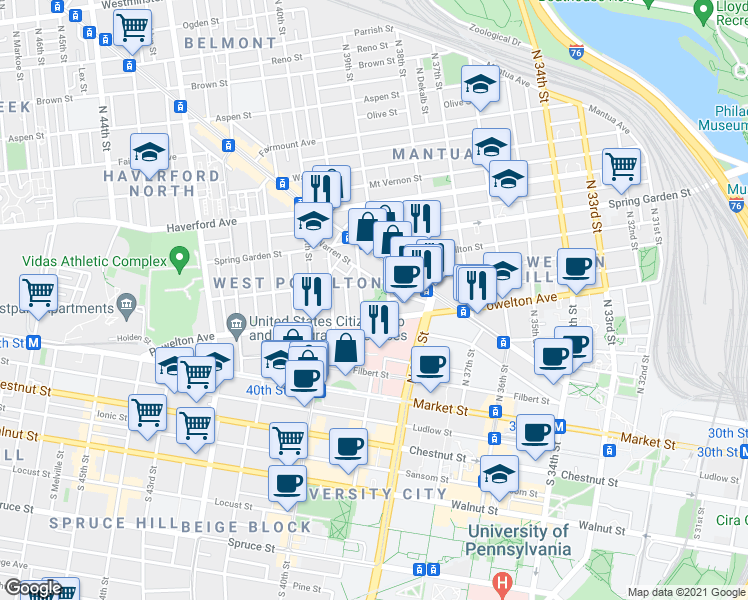 map of restaurants, bars, coffee shops, grocery stores, and more near 300 Saunders Avenue in Philadelphia