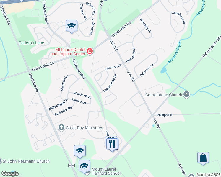 map of restaurants, bars, coffee shops, grocery stores, and more near 119 Calderwood Lane in Mount Laurel Township