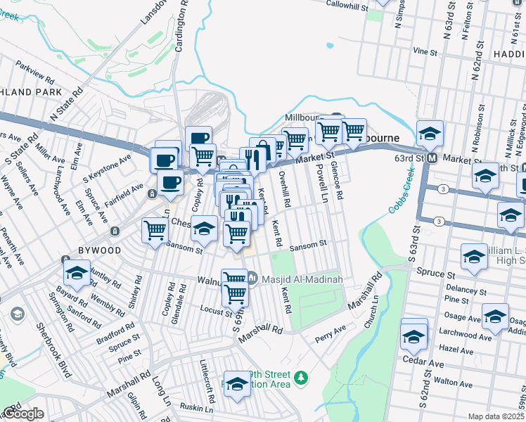 map of restaurants, bars, coffee shops, grocery stores, and more near 44 Kent Road in Upper Darby
