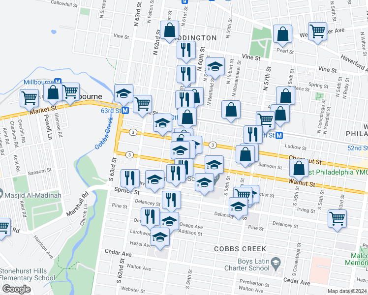 map of restaurants, bars, coffee shops, grocery stores, and more near 120 South 60th Street in Philadelphia