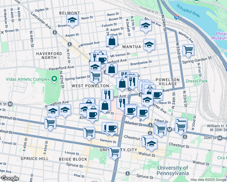 map of restaurants, bars, coffee shops, grocery stores, and more near 300 Saunders Avenue in Philadelphia