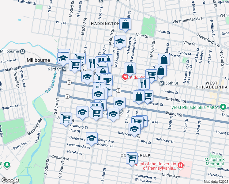 map of restaurants, bars, coffee shops, grocery stores, and more near 5908 Chestnut Street in Philadelphia