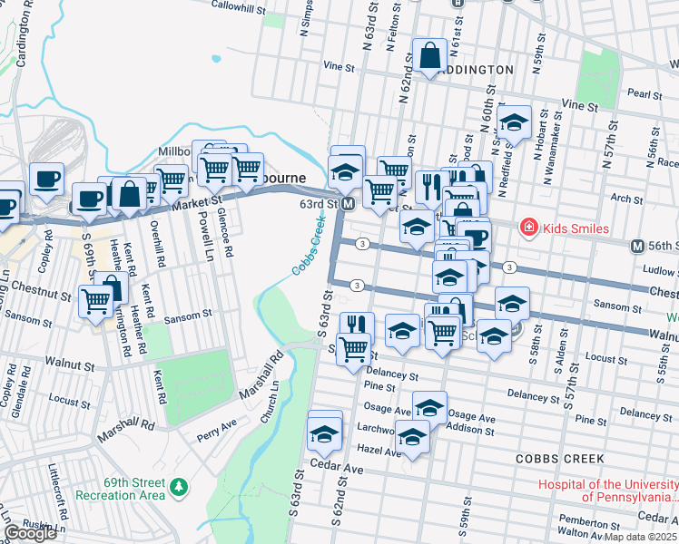 map of restaurants, bars, coffee shops, grocery stores, and more near 143 South 63rd Street in Philadelphia