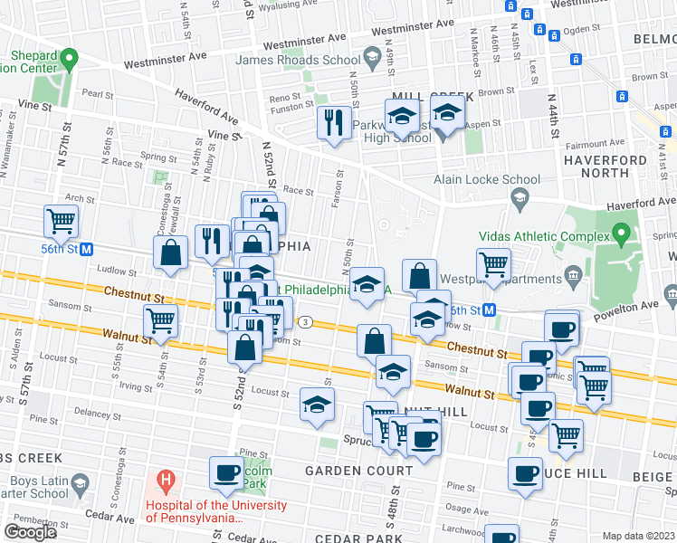 map of restaurants, bars, coffee shops, grocery stores, and more near 12 North 50th Street in Philadelphia
