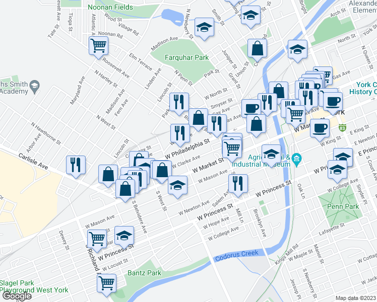 map of restaurants, bars, coffee shops, grocery stores, and more near 470 West Philadelphia Street in York
