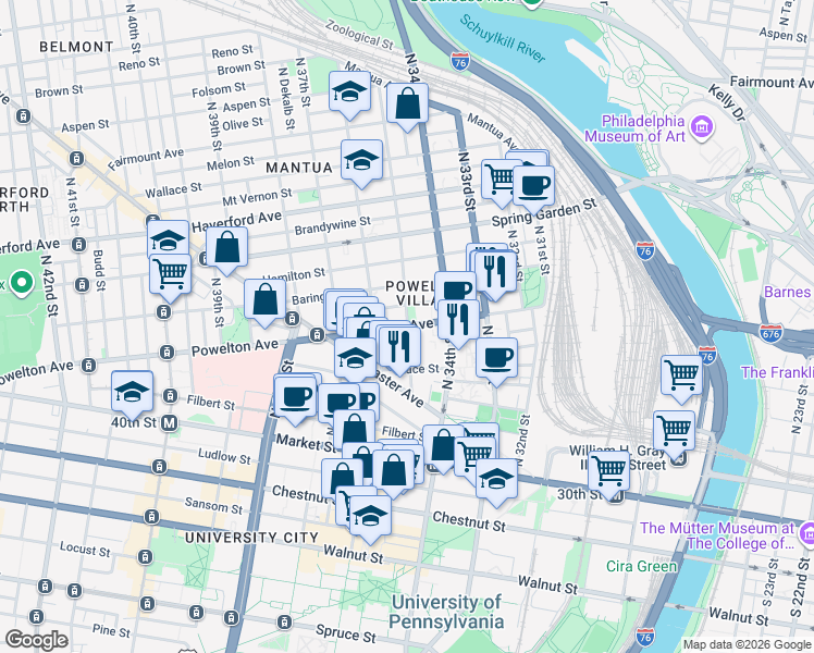map of restaurants, bars, coffee shops, grocery stores, and more near Powelton Ave & N 35th St in Philadelphia