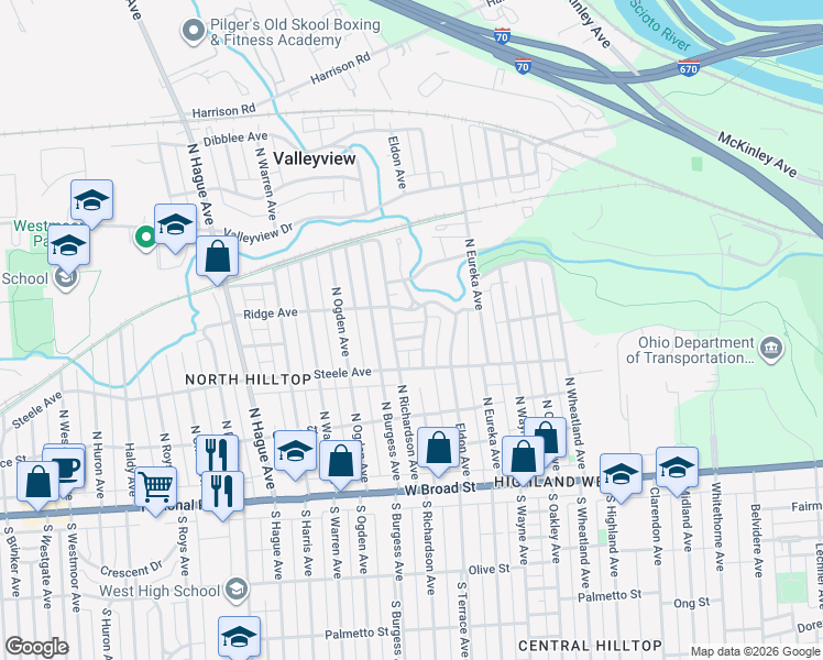 map of restaurants, bars, coffee shops, grocery stores, and more near 2520 Sutton Avenue in Columbus