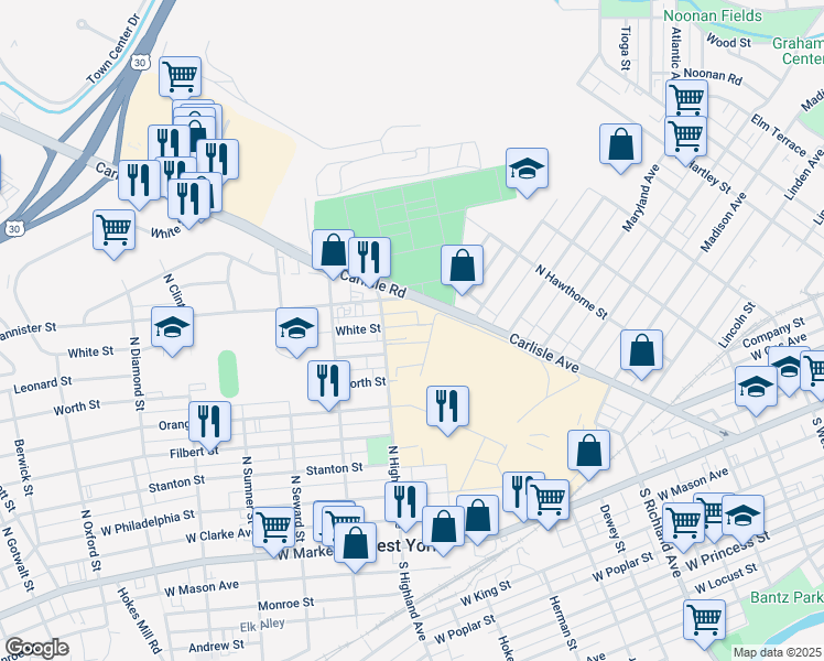 map of restaurants, bars, coffee shops, grocery stores, and more near 1392 White Street in York