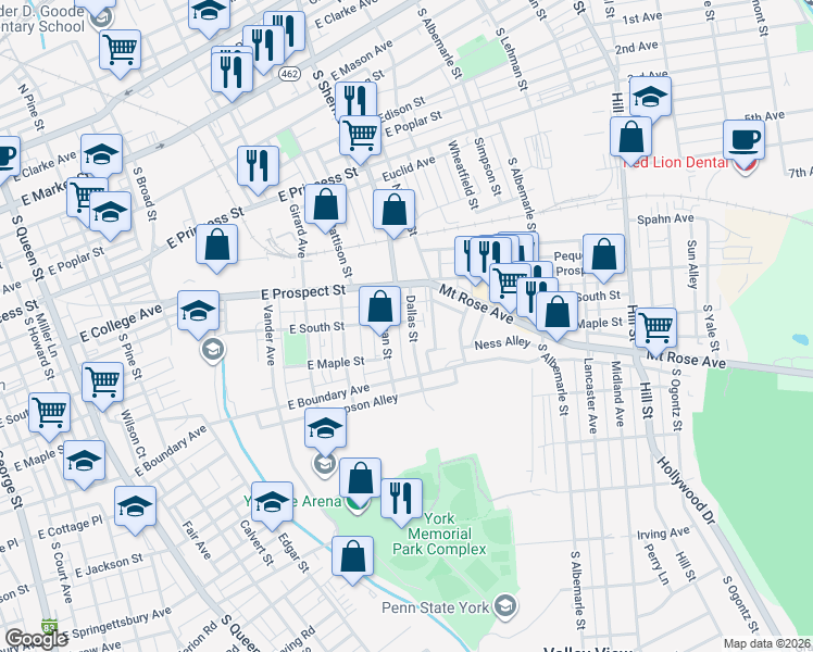map of restaurants, bars, coffee shops, grocery stores, and more near 844 East South Street in York