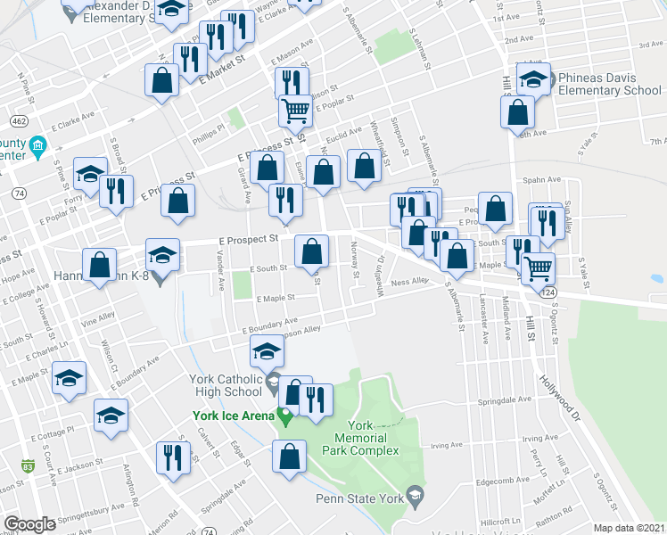 map of restaurants, bars, coffee shops, grocery stores, and more near 600 Dallas Street in York