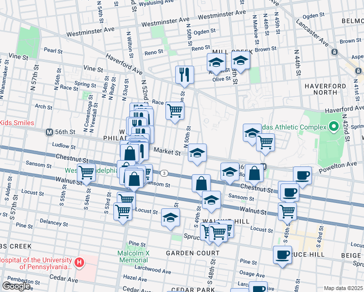 map of restaurants, bars, coffee shops, grocery stores, and more near 12 North 50th Street in Philadelphia