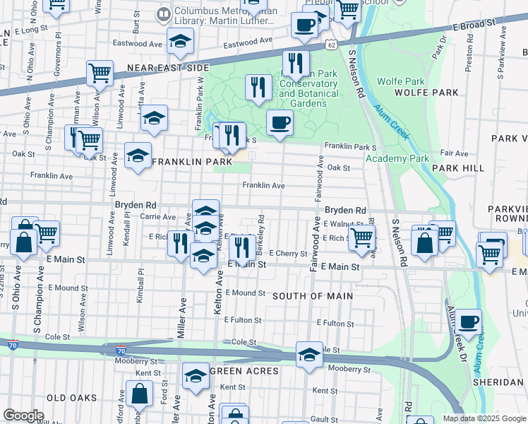map of restaurants, bars, coffee shops, grocery stores, and more near 1639 Bryden Road in Columbus
