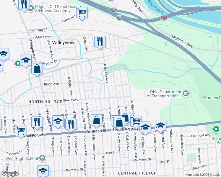 map of restaurants, bars, coffee shops, grocery stores, and more near 224 North Eureka Avenue in Columbus