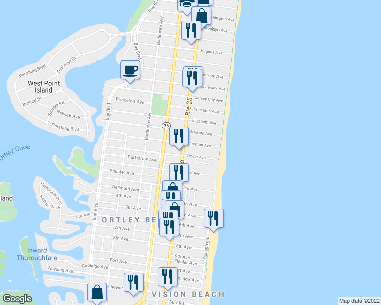 map of restaurants, bars, coffee shops, grocery stores, and more near 23 Dover Avenue in Seaside Heights