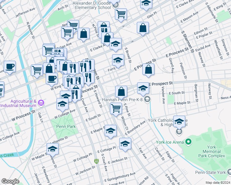 map of restaurants, bars, coffee shops, grocery stores, and more near 249 East College Avenue in York