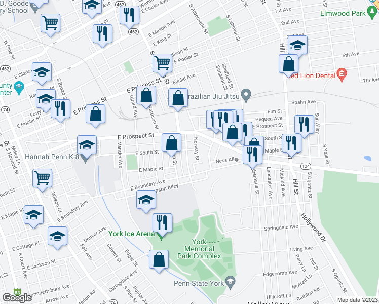 map of restaurants, bars, coffee shops, grocery stores, and more near 603 Dallas Street in York