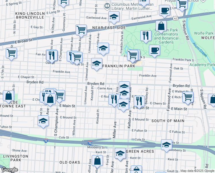 map of restaurants, bars, coffee shops, grocery stores, and more near 1411 Bryden Road in Columbus