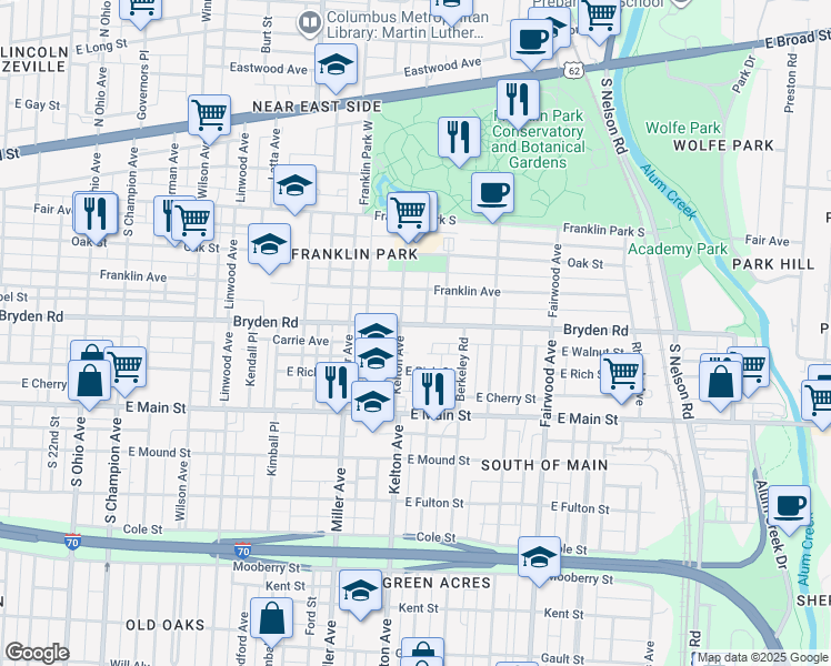 map of restaurants, bars, coffee shops, grocery stores, and more near 1585 Bryden Road in Columbus