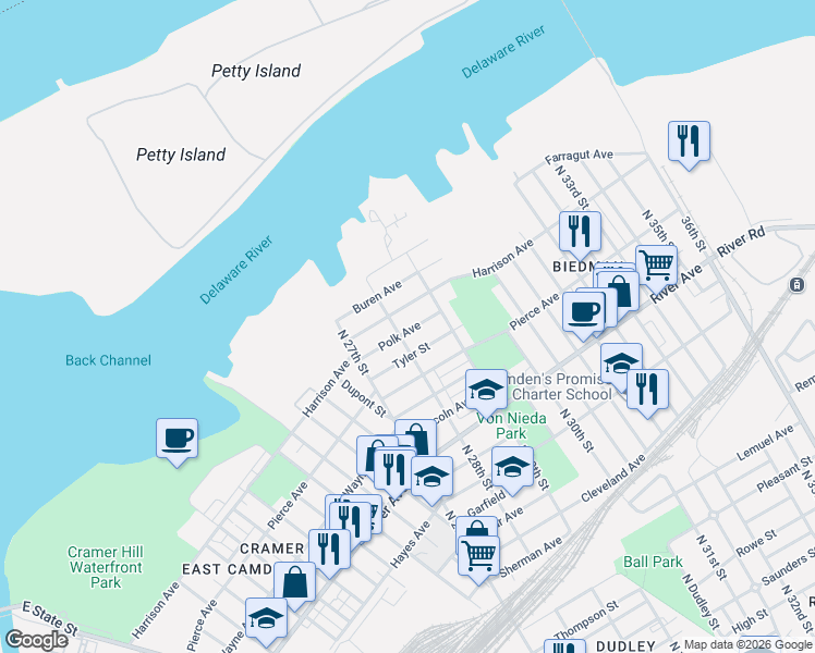 map of restaurants, bars, coffee shops, grocery stores, and more near 2805 Polk Avenue in Camden