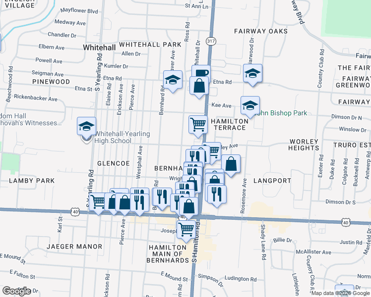 map of restaurants, bars, coffee shops, grocery stores, and more near 734 Ross Road in Columbus