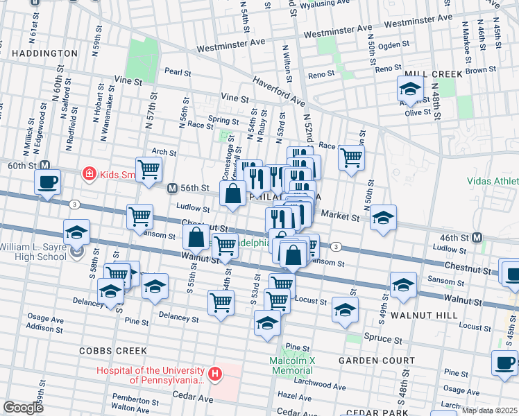 map of restaurants, bars, coffee shops, grocery stores, and more near 5312 Market Street in Philadelphia