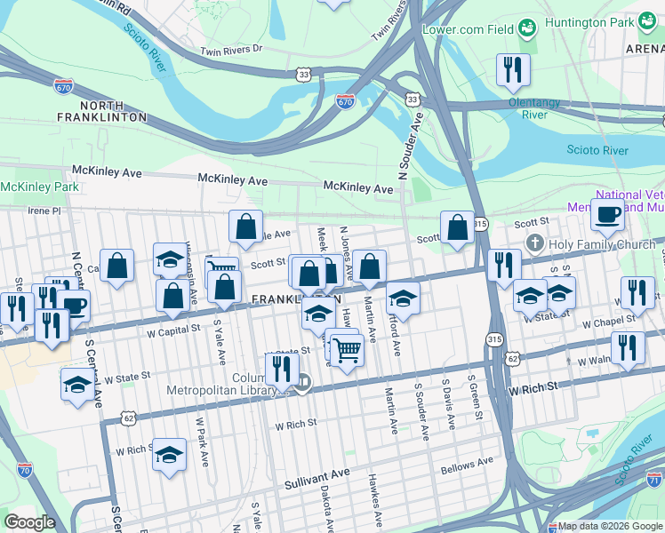map of restaurants, bars, coffee shops, grocery stores, and more near 40 Meek Avenue in Columbus
