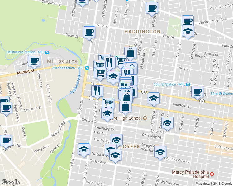 map of restaurants, bars, coffee shops, grocery stores, and more near 6045 Sansom Street in Philadelphia