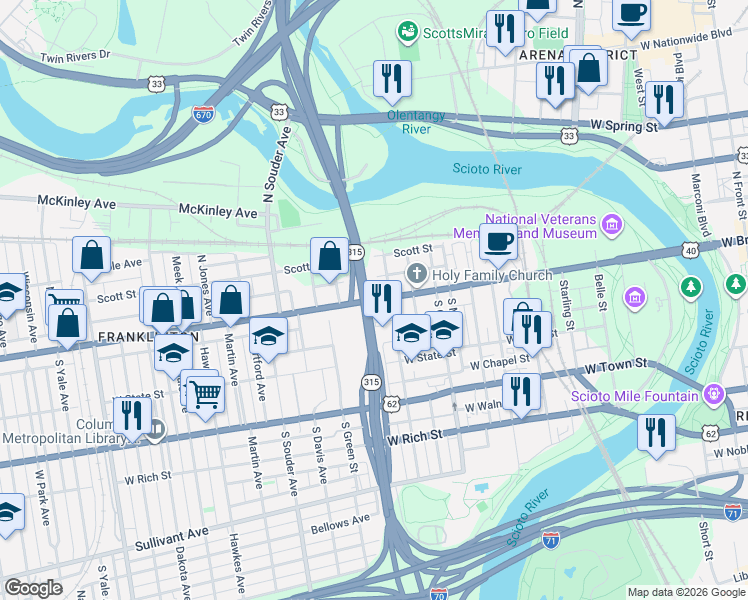 map of restaurants, bars, coffee shops, grocery stores, and more near West Broad Street in Columbus