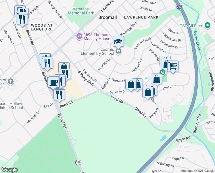map of restaurants, bars, coffee shops, grocery stores, and more near 450 Parkway Drive in Broomall