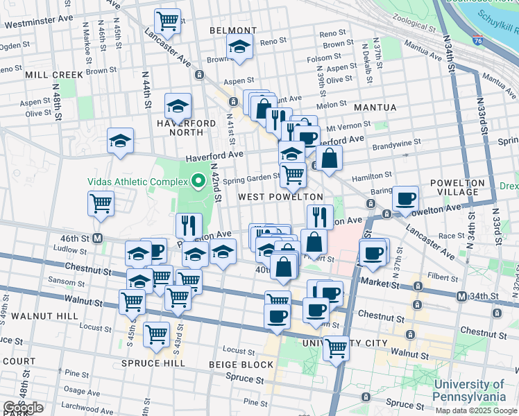 map of restaurants, bars, coffee shops, grocery stores, and more near 4036 Baring Street in Philadelphia