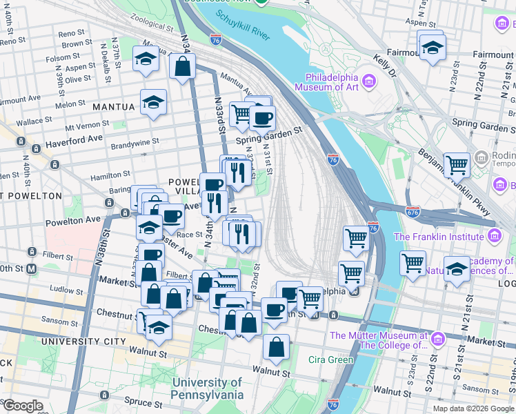 map of restaurants, bars, coffee shops, grocery stores, and more near in Philadelphia