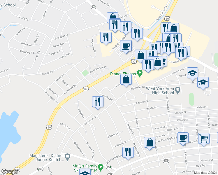 map of restaurants, bars, coffee shops, grocery stores, and more near 855 Old Taxville Road in York