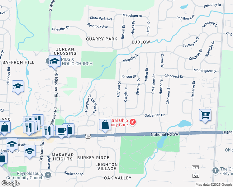 map of restaurants, bars, coffee shops, grocery stores, and more near 1259 Addison Drive in Reynoldsburg