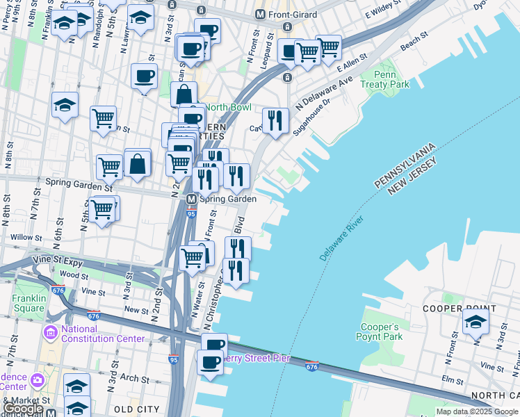 map of restaurants, bars, coffee shops, grocery stores, and more near 31 North Piers in Philadelphia
