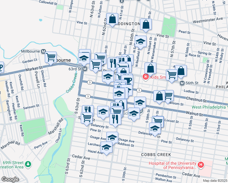 map of restaurants, bars, coffee shops, grocery stores, and more near 6035 Sansom Street in Philadelphia