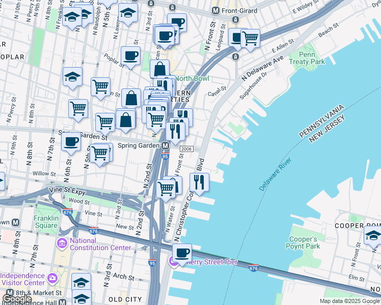 map of restaurants, bars, coffee shops, grocery stores, and more near 52 Spring Garden Street in Philadelphia
