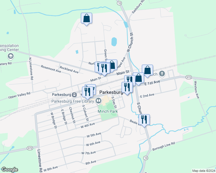 map of restaurants, bars, coffee shops, grocery stores, and more near 100 South Gay Street in Parkesburg