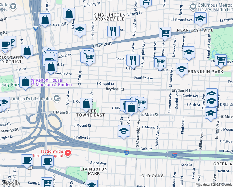 map of restaurants, bars, coffee shops, grocery stores, and more near 254 South 21st Street in Columbus