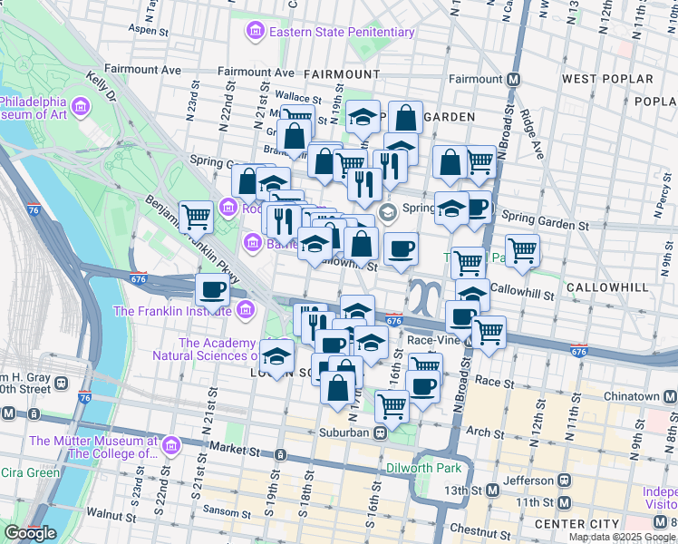 map of restaurants, bars, coffee shops, grocery stores, and more near 322 North 18th Street in Philadelphia