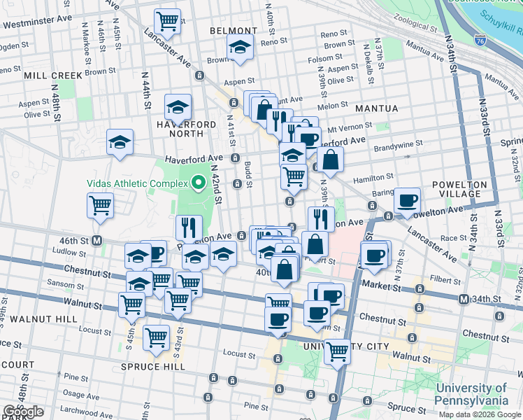 map of restaurants, bars, coffee shops, grocery stores, and more near 4036 Baring Street in Philadelphia
