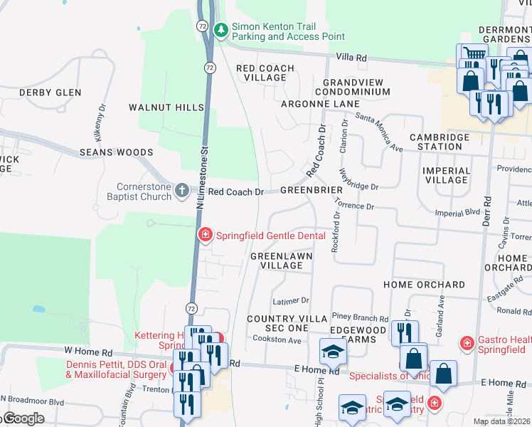 map of restaurants, bars, coffee shops, grocery stores, and more near 2825 Rensselaer Street in Springfield