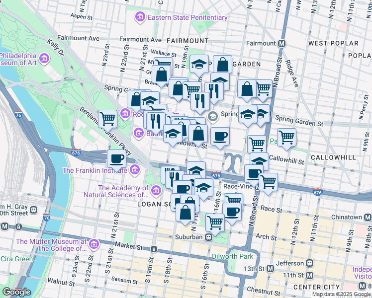 map of restaurants, bars, coffee shops, grocery stores, and more near 322 North 18th Street in Philadelphia