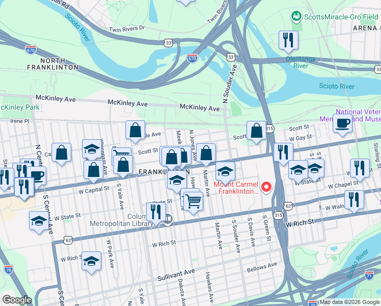 map of restaurants, bars, coffee shops, grocery stores, and more near 40 Meek Avenue in Columbus